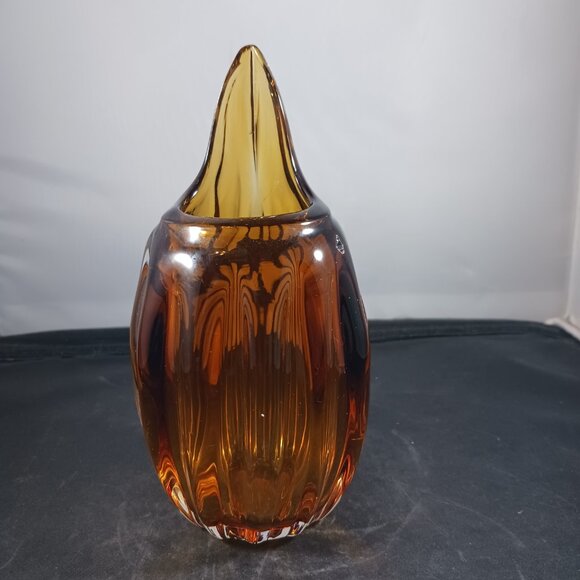 Vintage Swung Glass Vase Murano Style Amber - Picture 9 of 9